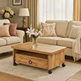 Serra Akıllı Sehpa Atlantik Çam Tekerlekli Açılır Kapanır 2 Çekmeceli Fonksiyonlu Tabela 90x60 Cm