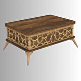 Zeren Akıllı Sehpa Ceviz Desenli Lazer Kesim Kapaklı Çok Fonksiyonlu Masa 90x60 Cm