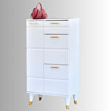 Roma Beyaz Ayakkabılık Gold Detaylı 1 Kapaklı 1 Çekmeceli 2 Düşen Kapak 60x34x150 Cm