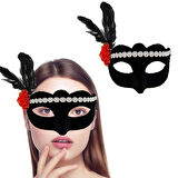 Siyah Renk Süet Kaplama Gümüş Dantelli Kırmızı Gül Tasarımlı Parti Maskesi 18x20 cm (5250)