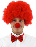 Kırmızı Renk Kıvırcık Afro Bonus Peruk Takma Saç ve Kırmızı Burun Seti (5250)