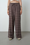 Kadın Yatay Şerit Taş İşlemeli Düz Renk Beli Lastikli Bol Paça Pantolon