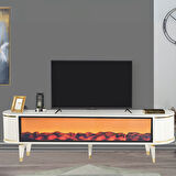 Talia Şömineli Tv Sehpası Beyaz Gold Mebran Kapaklı Bluetooth Hoparlörlü 7 Renk Efektli 180x40x50 Cm