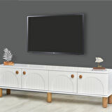 Lidya Beyaz Klasik Tv Sehpası 4 Kapaklı Kavisli Kapak Detaylı Düz Yüzeyli Tasarım 180x36x50 Cm