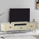 Duru Tv Sehpası Cappuccino Gümüş 2 Kapaklı 1 Çekmeceli Mebran Kapaklı Oval Tasarım 180x40x50 Cm