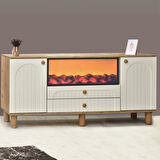 Lidya Şömineli Konsol 2 Kapaklı 2 Çekmeceli Atlantik Çam Krem Alev Efektli 160x80x44 Cm