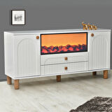 Lidya Şömineli Konsol 2 Kapaklı 2 Çekmeceli Beyaz Alev Efektli 160x80x44 Cm