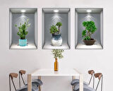 3D Çiçek Vazo Duvar Sticker 3 lü Set GRİ Fon (5256)