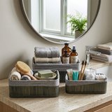 GRİ 3 BOY D.DÖRTGEN BAMBU KENAR ORGANİZER SEPET AHŞAP ALTLIK - BEZLİ 25X14-28X18-20X30CM (5264)