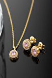 925 Ayar Gümüş Ekim Ayı Doğum Taşı ( Pink Tourmaline ) Kolye - Küpe Seti