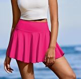 Pembe Yüksek Bel Tenis Etek - DARKALIP Şort Etek - Cepli Mini Spor Etek- İçi Taytlı Çift Katman