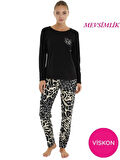 Kadın Desenli Bisiklet Yaka Düğmesiz Mevsimlik Likra Viskon Uzun Kol Pijama Takımı