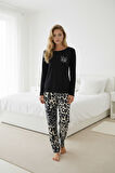 Kadın Desenli Bisiklet Yaka Düğmesiz Mevsimlik Likra Viskon Uzun Kol Pijama Takımı