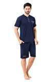 Erkek 3 Düğmeli Likralı Pamuk Kısa Kol Cepli Şortlu 3lü Pijama Takımı-3 Parça Kutulu Çeyizlik Set