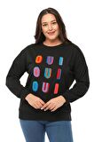 Kadın Büyük Beden Renkli Harf Nakışlı Siyah Sweatshirt