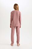 DeFacto Kız Çocuk Pijama Takım Dokuma Etiketli Waffle Uzun Kollu Üst Beli Lastikli Uzun Alt D6054A824AUBR165