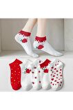 4 Çift Sevimli Çok Renkli Kalp, Çilek Desenli Kadın Patik beyaz Çorap