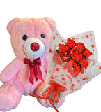 Sevimli 35 cm Peluş Ayı ile Premium Yumoş Kırmızı Peluş Ayıcık Buketi
