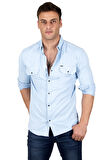 DeepSEA Erkek Buz Mavisi Slim Fit Dar Kesim Pamuklu Spor Gömlek Çıtçıtlı Likralı Gabardin Gömlek 2300421