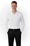 DeepSEA Erkek Beyaz Polo Yaka Fitilli Triko Kazak – %100 Pamuk, Esnek Dokulu, Modern Kalıp 2605305