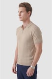 DeepSEA Erkek Bej Polo Yaka Fermuarlı Çizgi Dokulu Regular Fit Likralı Triko Tişört 2608008