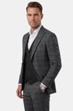 DeepSEA Erkek Antrasit Slim Fit Ekose 3’lü Takım Elbise – Siyah Yelekli Kare Desenli Takım 2601589