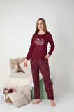 Kadın Bisiklet Yaka Düğmesiz Dökümlü Viskon Mevsimlik Uzun Kol Cepli Pijama Takımı