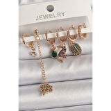 Pirinç Gold Renk Sallantı Zirkon Taşlı Ağaç Figür Kadın Küpe Seti