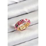 Pirinç Fuşya Mineli Çiçek Motifli Gold Renk Ayarlanabilir Kadın Yüzük