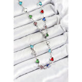 Pirinç Gümüş Renk Karışık Renk Zirkon Taşlı Kalpli Y Kadın Kolye