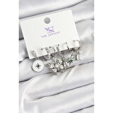 Pirinç Zİrkon Taşlı Kelebek ve Yıldız Model Gümüş Renk 3'lü Çift Kadın Küpe