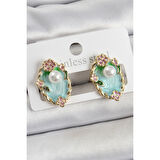 Pirinç Yeşil Mineli İnci Detaylı Sanatsal Portre Model Gold Renk Kadın Küpe