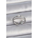 Pirinç Gümüş Renk Zirkon Taşlı İnci Detay Ayarlanabilir Model Kadın Yüzük