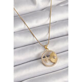 316L Çelik Gold Renk Zincir Zirkon Taşlı Yıldız İşleme Madalyon Model Kadın Kolye