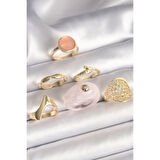 Pirinç Gold Renk Pembe Plastik Yüzük Model Daire Pembe Mine Yılan Detay 6'Lı Kadın Yüzük Seti