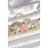 Pirinç Gold Renk Daire Pembe Mineli Zirkon Taş Detaylı 6'Lı Kadın Yüzük Seti