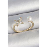 Pirinç Gold Renk Zirkon Taşlı Çiçek Model İnci Detay Ayarlanabilir Kadın Yüzük