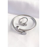 316L Çelik Gümüş Renk Oval Aksesuarlı Burgu Model Bileklik ve Yüzük Kombini