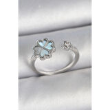 Pirinç Gümüş Renk Mavi Mineli Yonca Model Zirkon Taş Detay Ayarlanabilir Kadın Yüzük