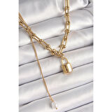 316L Çelik Gold Renk Tiffany Zincir Model Kilit Figür Sallantı İnci Detay Kadın Kolye