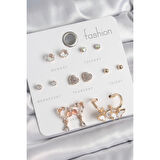 Pirinç Gold Renk Zirkon Taşlı Sallantılı Kalp Figür Kelebek Detay 7 Çift Kadın Küpe Seti