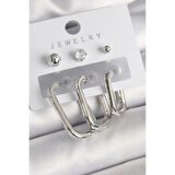 Pirinç Gümüş Renk Halka Model Zirkon Taşlı Topçuk Detay Kadın Küpe Seti