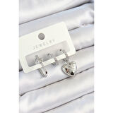 Pirinç Zirkon Taşlı Kalp Model Gümüş Renk 3'lü Çift Kadın Küpe Set