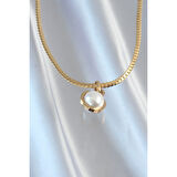 316L Çelik Gold Renk Yassı Zincir İnci Taşlı Kolye