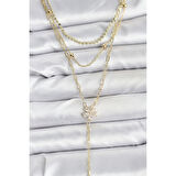 Pirinç Gold Renk Zirkon Taşlı Çiçek Model Detaylı 3'lü Kombin Y Kadın Kolye