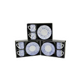 MAVİ - BEYAZ 4PCS=2-TAKIM  PORSELEN KAHVE FİNCANI  ÇİÇEK - ÇİZGİ - NOKTA MİX DESEN (5365)