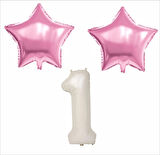 1 YAŞ BEJ RENK FOLYO BALON, 2 ADET PEMBE YILDIZ FOLYO BALON
