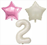 2 YAŞ BEJ RENK FOLYO BALON, 1 ADET PEMBE, 1 ADET BEJ YILDIZ FOLYO BALON