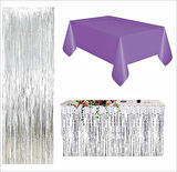 Mor Masa Örtüsü, Gümüş Masa Eteği, Gümüş Arka Fon 