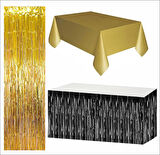 Gold Masa Örtüsü, Siyah Masa Eteği, Gold Arka Fon